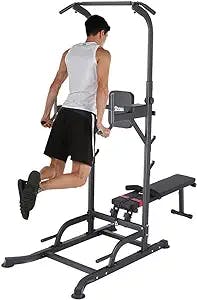 Uboway Power Tower with Bench: Pull Up Bar Stand Dip Station Adjustable Height Heavy Duty Multi-Function Fitness Training Equipment Home Gym