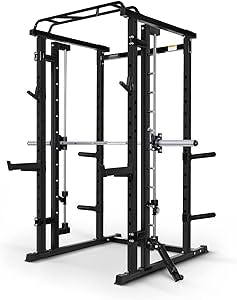 RitFit Smith Machine Power Cage and Easy-Install Smith Attachment with Barbell, Multi-Function Squat Rack with Weight Storage Pegs, Landmine, J Hooks, and Other Attachments, for Home Gym
