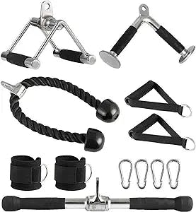 Elevens Triceps Pull Down Cable Machine Attachments for Home Gym Workout, 7 Piece Set Multi-Option, V Handle with Rotation, Rotating Straight Bar, V-Shaped Bar, Tricep Rope, Ankle Straps,Chrome