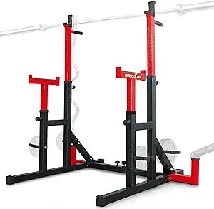 STOZM 14-Gauge Steel Adjustable Squat Rack Stand/Barbell Rack with Weight Plate Storage, Dip Bar Station, Barbell Holder & T-Bar Row Landmine Support – Max Weight Capacity 770lbs (Red)