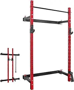 Mikolo 2.36'' x 2.36'' Folding Wall Mounted Squat Rack, 800 Pounds Capacity Power Rack with Pull Up Bar, J Hooks, Landmine and Other Attachments, Space-Saving Home Gym