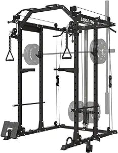 ER KANG Power Cage, 1500LBS Power Rack Cage with Cable Crossover System, Multi-Function Workout Weight Cage with J-Hooks, Band Pegs, Battle Rope Ring Home Gym