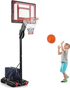 GYMAX Portable Basketball Hoop, 5 FT to 10 FT Adjustable Basketball Goal with 10 Heights, All Weather Basketball Stand System with Weight Bag & Wheels, for Kids Youth Adult, Indoor Outdoor Pool, Court