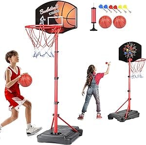 MXF Kids Basketball Hoop Stand with Dart Board, Height Adjustable 2.6ft-6.2ft, Portable Mini Basketball Hoop Set with Balls & Darts, 2 in 1 Indoor Outdoor Toys for Kids Toddlers Ages 4-8