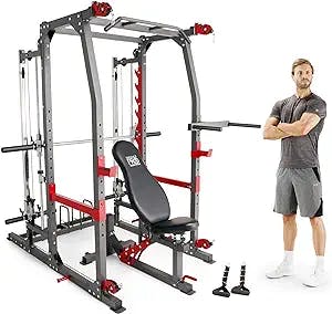 Marcy Pro Smith Machine Home Gym System with Upper and Lower Dual Cable Crossovers and Adjustable Bench for Full Body Training