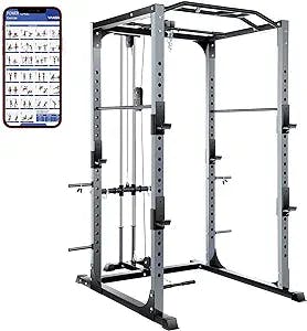 VANSWE Power Rack 1300-Pound Capacity 2×2.75 Inch Steel Olympic Power Cage Home Gym Equipment Squat Rack Cage with LAT Pull Down Attachment, J-Hooks and Other Optional Attachments