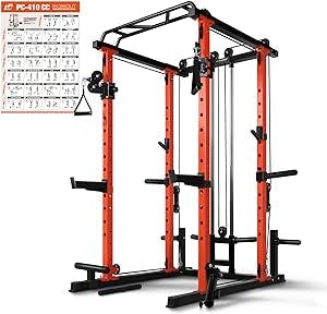 RitFit Multi-Function Power Cage PC-410 CC with Cable Crossover System, 1000LBS Capacity Power Rack and Packages with Optional Weight Bench, Olympic Barbell Weight Set, for Garage & Home Gym