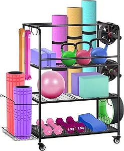 Yoga Mat Storage Rack, Home Gym Storage Rack for Dumbbells Kettlebells, Workout Equipment Storage Rack Cart with Wheels and Hooks (Black)