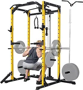 Mikolo Power Cage with LAT Pulldown System, 1200 Pounds Capacity Power Rack, Multi-Functional Squat Rack with 13-Level Adjustable Height and J-Hooks, T-Bar, F4 Versions