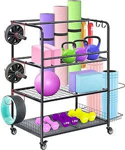Home Gym Storage Rack, Yoga Mat Storage Racks Workout Storage Weight Rack for Dumbbells Kettlebells Foam Rollers Yoga Strap Resistance Bands, Fitness Equipment with Hooks and Wheels