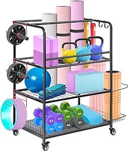 Home Gym Storage Rack, Yoga Mat Storage Racks, All in One Workout Equipment Storage Organizer for Yoga Ball Dumbbell Kettlebells Foam Roller Resistance Bands, Exercise Shelf with Hooks and Wheels