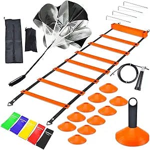 Fasezoomit Speed Agility Training Set,Includes 12 Rung Agility Ladder,10 Disc Cones, Jump Rope, Resistance Bands, Running Parachute,Holder,for Football,Hockey Training Athletes