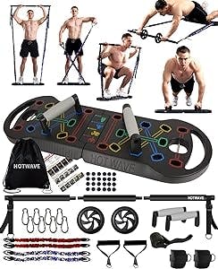 HOTWAVE Ultimate Portable Home Gym with 16 Fitness Accessories,20 in 1 Push Up Board,Resistance Bands with Ab Roller Wheel,Full Body Workout Equipment at Home for Man and Woman