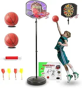 OMNISAFE Kids Basketball Hoop & Dart Board, Toddler Mini Basketball Goal Toy Adjustable Height 2.3FT-5.1FT with 2 Balls, Basketball Set Gifts for Kids