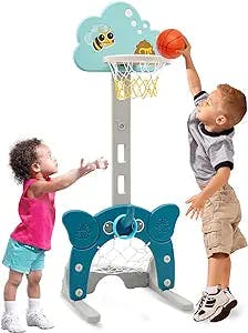 4-in-1 Toddler Basketball Hoop, Adjustable Height Kids Basketball Hoop with Soccer Goal Ring Toss Golf Play Set, Basketball Hoop for Kids Indoor Outdoor Sports