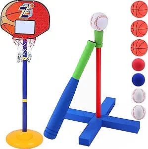 Supervitae Baseball and Basketball Training Set for Kids Include Basket Hoop, Foam T Ball Baseball Tee and Carry Bag Adjustable Height Indoors Outdoors Toddler Kids Sport Game Equipment, 3-8 Years Old