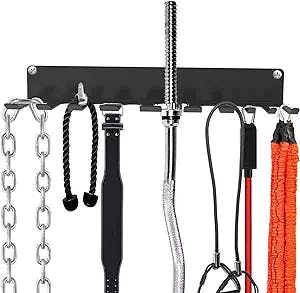 OUUO Home Gym Storage Accessories Rack for Resistance Bands,Fitness Straps, Jump Ropes,Chains, Curl Bars and Lifting Belts with 10 Prong Hooks