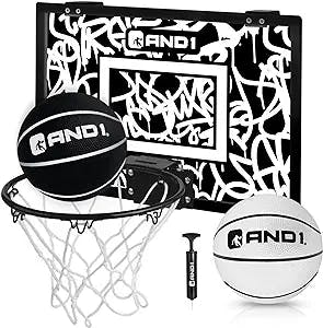 AND1 Over The Door Mini Hoop: - 18”x12” Pre-Assembled Portable Basketball Hoop with Flex Rim, Includes Two Deflated 5” Mini Basketball