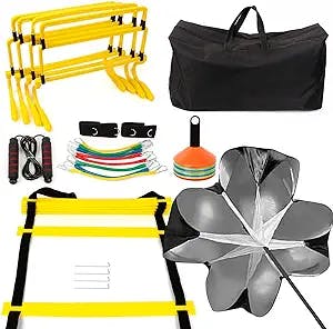 HOTOOLME Speed Agility Training Equipment Set - Includes Agility Ladder, Running Parachute, 8 Resistance Bands,20 Cones, 4 Hurdles, Jump Rope for Training Football, Soccer, Basketball Athletes & Kids
