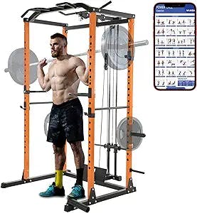 VANSWE Power Cage with LAT Pulldown Attachment, 1200-Pound Capacity Power Rack Full Home Gym Equipment with Multi-Grip Pull-up Bar, T Bar Row Landmine and Dip Handle (2023 Updated Version)