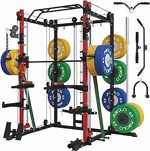 Mikolo Smith Machine, Multifunction Power Cage and Cable Crossover Machine, Workout Machine with Storage System, Band Pegs, Smith Bar and Other Attachments for Home Gym, M3-402