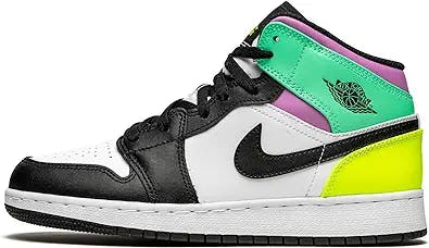Nike Youth Air Jordan 1 Mid GS Pastel, White/Black/Volt/Green Glow, 5Y