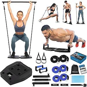 Portable Home Gym Workout Equipment with 16 Exercise Accessories Including Fitness Board, Push Up Board, Elastic Resistance Bands, Pilates Bar and More for Full Body at Home Exercise Equipment