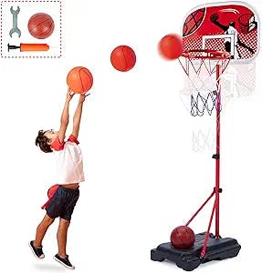Kids Basketball Hoop Stand with Ball & Pump, Adjustable Height 2.8 ft -6.7 ft, Mini Kids Basketball Goal Toy Toddler Basketball Hoop Stand for Boys Girls Toddlers Age 3 up