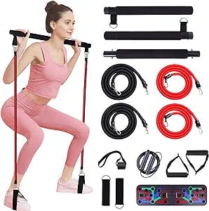 Pilates Bar Kit with Resistance Bands,Exercise Fitness Equipment Push Up Board,Pilates Bar,Home Gym Workout Accessories for Men and Women