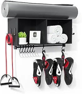 Crostice Shelf Compatible with Peloton Original Bike and Bike Plus, Shelf with Hooks, Wall Organizer for Yoga Mat, Towel, Bike Shoes, Bottles, Medals and So on - Accessories For Home Gym