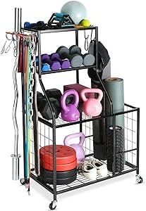 AHOWPD Weight Rack Home Gym Storage, Yoga Mat Storage Rack Workout Equipment Storage Rack for Dumbbells Kettlebell Resistance Band, Exercise Equipment Gym Rack Organizer with Wheel and Levelling Feet