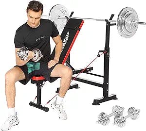Adjustable 600lbs 6 in 1 Weight Bench Set with Squat Rack Fitness Workout Barbell Rack Bench Folding Workout Bench Press Set with Pull Rope for Home Gym