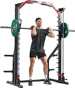 Sunny Health & Fitness Premium Squat Smith Machine - 3 in 1 Multifunction Power Rack with Adjustable Pull Up Bar for Home Gym – SF-XF920021