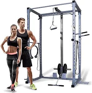 Gymnastics Power Rack with 24 Accessories, Squat Rack with LAT Pulldown and Pull Up Bar, Commercial High Capacity Home Gym Machine with All Equipment Included
