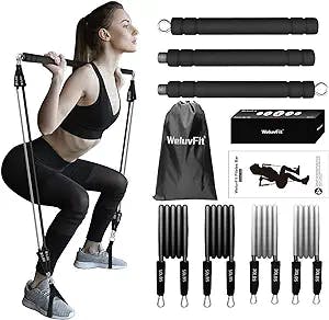 Pilates Bar Kit with Resistance Bands, WeluvFit Workouts Exercise Fitness Equipment for Women & Men, Home Gym Exercise Stainless Steel Stick Squat Yoga Pilates Flexbands Kit for Full Body Shaping