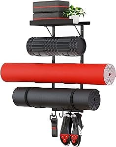 PeloFamily Yoga Mat Holder Wall Mount, Yoga Accessory Mat Storage Rack, Home Gym Accessories Organizer, Floating Shelf and Hooks for Hanging Foam Roller/Band/Workout Equipment at Pilates Fitness Class