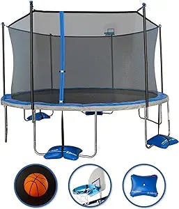 TruJump Outdoor Trampoline with Safety Enclosure Net and AirDunk Basketball System - Sizes: 14FT and 15FT, Color: Blue
