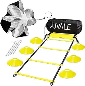 Juvale Agility Ladder Training Equipment, Adjustable 12 Rung Ladder with 6 Disc Cones, Resistance Parachute, and Storage Bag for Versatile Speed Training, Football, Workout, Footwork (20 Ft)