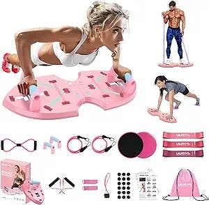 LALAHIGH Home Gym Equipment, Upgraded Push Up Board, 32 in 1 Home Workout Set with Foldable Push Up Bar, Resistance Bands, Core Sliders for Body Toning & Strength Training - Premium Pink Edition