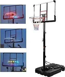 Lamerge Basketball Hoop with LED Lights, Portable Basketball Goal System 44'' Backboard, 6.6-10ft Height Adjustment and Wheels, Basketball Stand for Both Youth and Adults Indoor Outdoor, Black