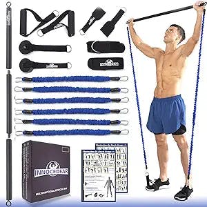 INNOCEDAR Home Gym Bar Kit with Resistance Bands,Portable Gym Full Body Workout,Adjustable Pilates Bar System,Safe Exercise Weight Set,Home Exercise Equipment for Men&Women- Muscle&Fitness
