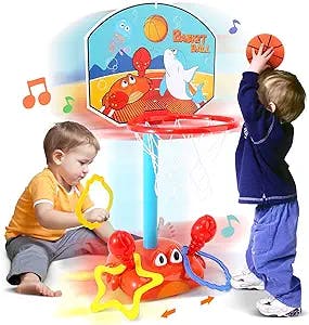 Toddler Basketball Hoop, 2 in 1 Sports Toy Set for Kids, Ring Toss Game with Music Sound, Baby Basketball Hoop for Indoor Play