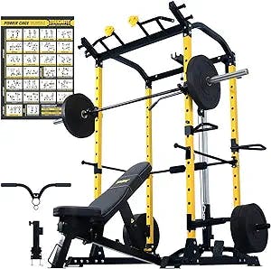 ToughFit 1000lbs Squat Rack Multi-Function Power Cage with LAT Pull-Down Pulley System Power Rack with Adjustable Cable Crossover for Body Training Garage & Home Gym Equipment