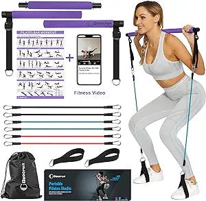 Goocrun Portable Pilates Bar Kit with Resistance Bands for Men and Women - 6 Exercise Resistance Bands (15, 20, 30 LB) - Home Gym Equipment - Supports Full-Body Workouts – with Video