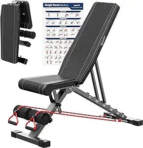 SpoxFit Adjustable Weight Bench, Full Body Workout Bench for Home Gym, Multi-Purpose Small Lightweight Bench with Workout Poster & Resistance Bands, Folding Weight Bench Super Easy Assembly