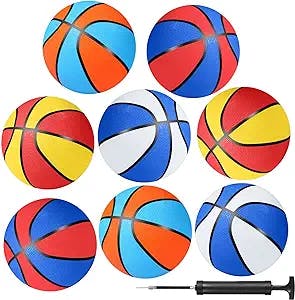 Jerify 8 Pack Mini Basketball 7 Inch Mini Hoop Basketball Size 3 Small Basketball Rubber Kids Basketball Assorted Colors Arcade Basketball Set with Air Pump for Indoor Outdoor Pool Party Favors Games
