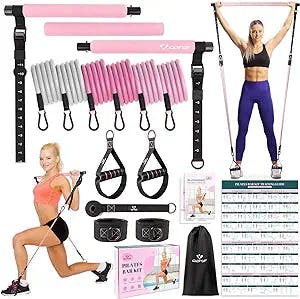 Pilates Bar Kit with Resistance Bands, Multifunctional Yoga Pilates Bar with Heavy-Duty Metal Adjustment Buckle, Portable Home Gym Pilates Resistance Bar Kit for Women Full Body Workouts(20-150LBS)