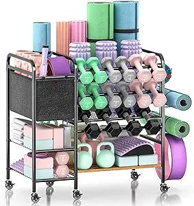 biukpci Dumbbell Rack，Large Capacity Weight Rack for Dumbbells, Home Gym Storage Rack for Kettlebells Yoga Mat and Yoga Block Workout Equipment Weight Holder Rack with Wheels and Hooks