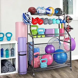 Kanmart Dumbbell Rack, Weight Rack for Dumbbells, Home Gym Storage Organizer for Dumbbell, Kettlebells, Yoga Mat, All in One 4 Tier Weight Stand with Lockable Wheels and Hooks