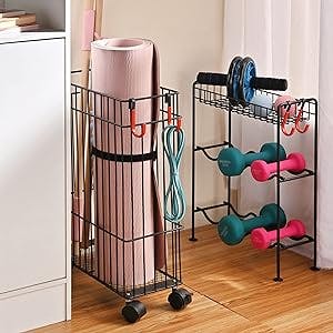 PLKOW Home Gym Storage Yoga Mat Holder Dumbbell Rack for Small Dumbbells Kettl-Bells Foam Roller and Resistance Bands, Workout Equipment Storage Organizer with Wheels and Hooks, 2-Pack